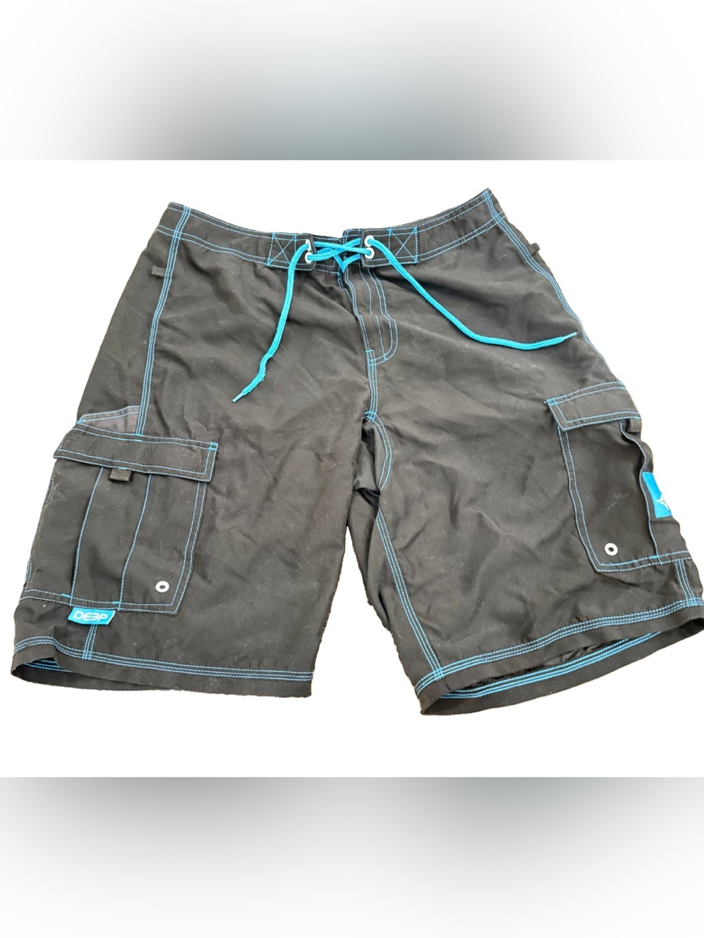 Men's Black Swim Board Shorts with Teal Stitching and Drawstring